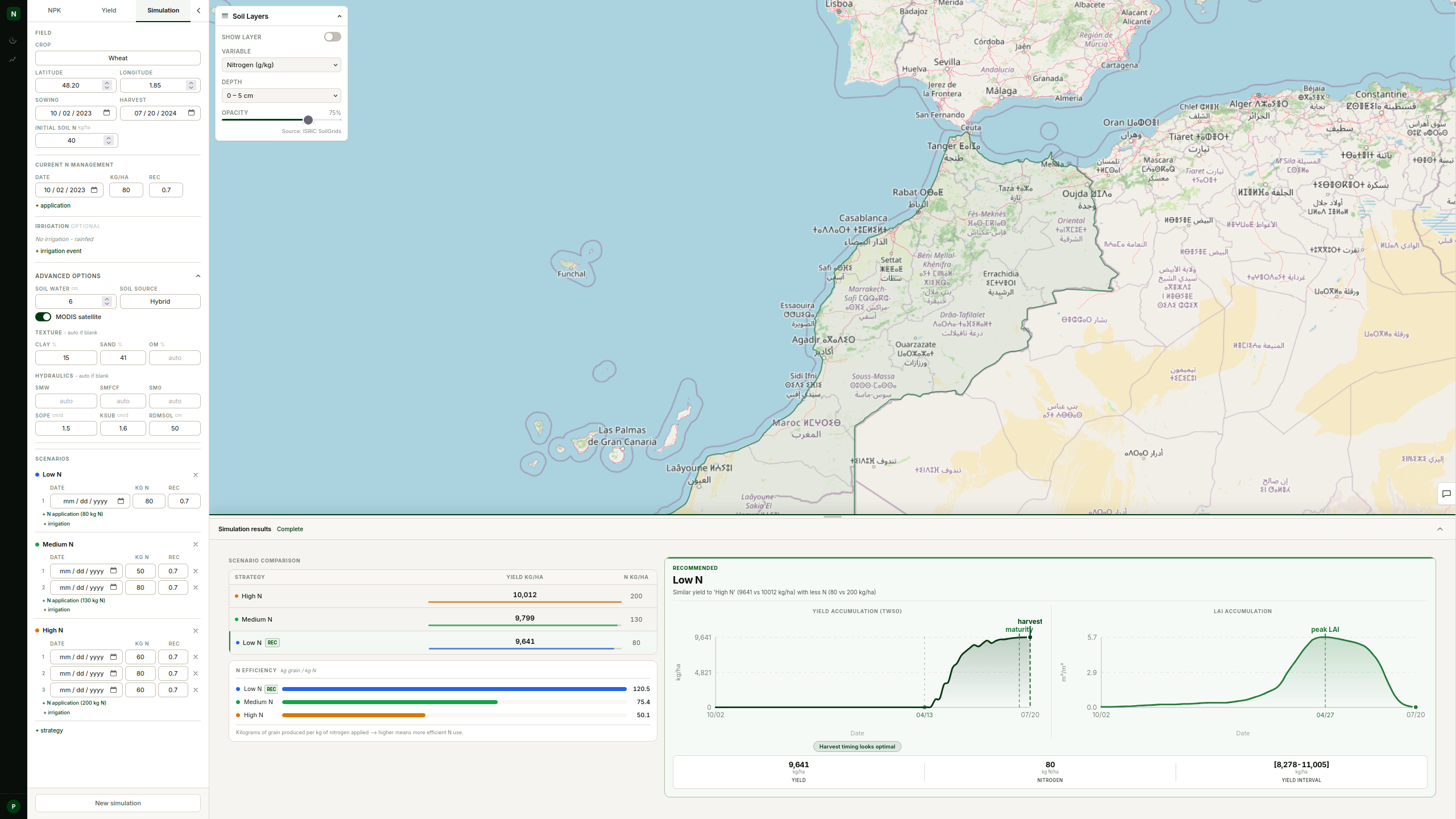 NPKPlatform simulation interface showing the map, scenario comparison panel and TWSO yield accumulation curve